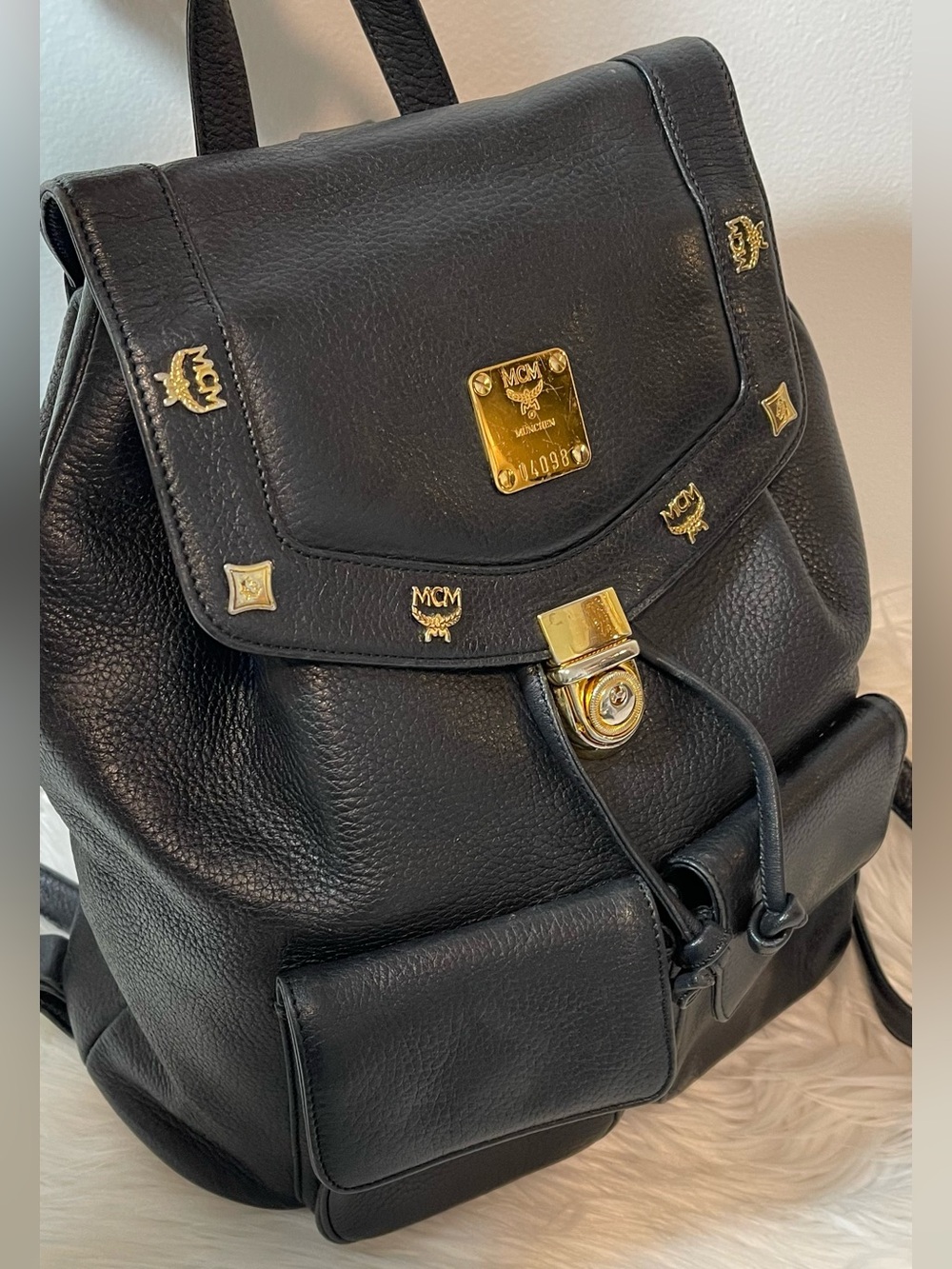 MCM Vintage Black Leather Backpack with Gold Hardware
